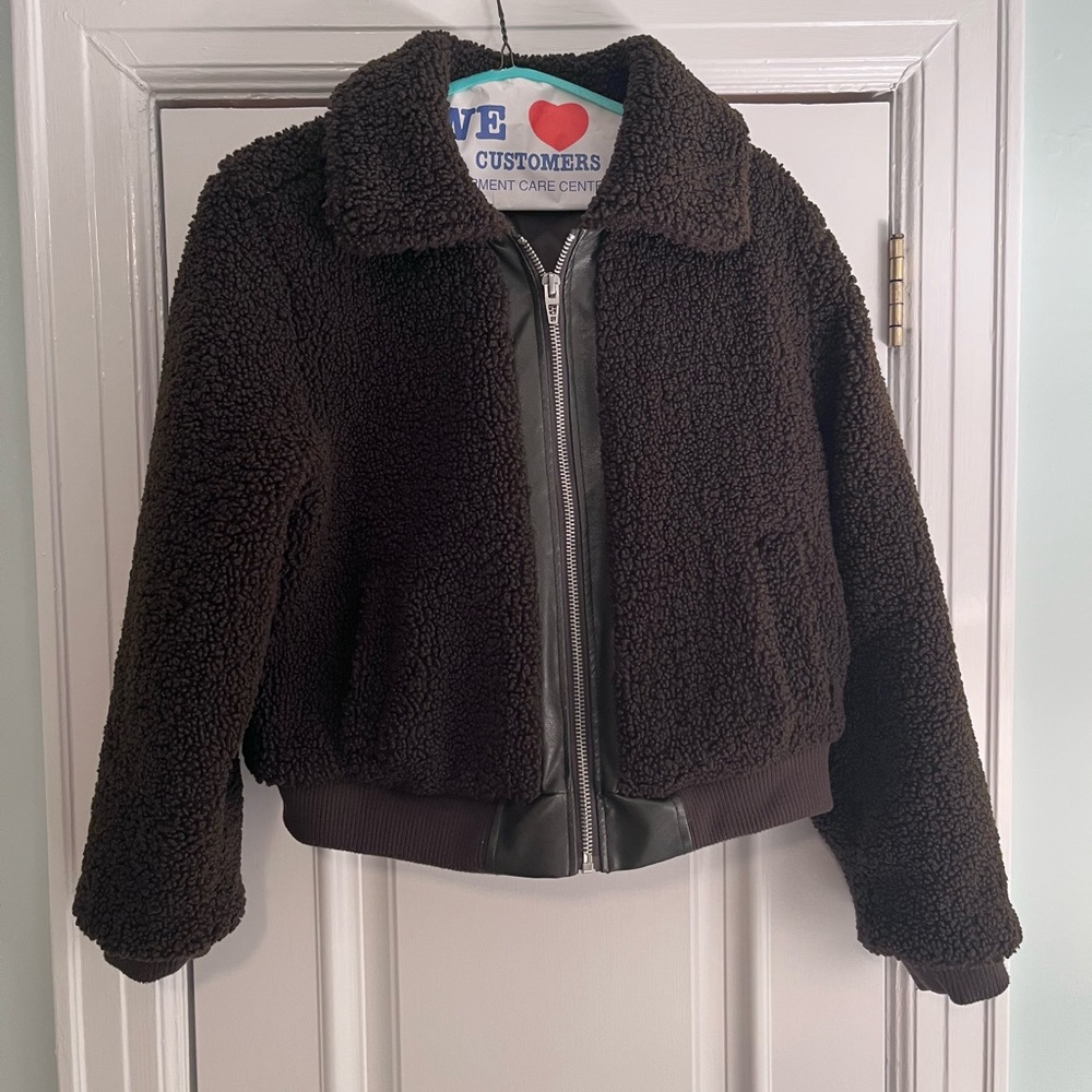 BLANK NYC Sherpa Teddy Bomber Jacket Forest Green w/ Faux Leather Trim